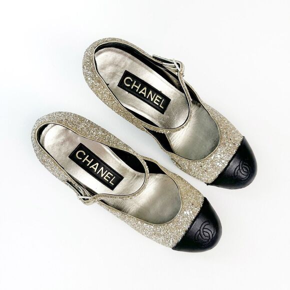 CHANEL 2023 Light Gold Glitter Black Mary Jane Heels 36 Cap Toe CC Logo Platform - Picture 8 of 16